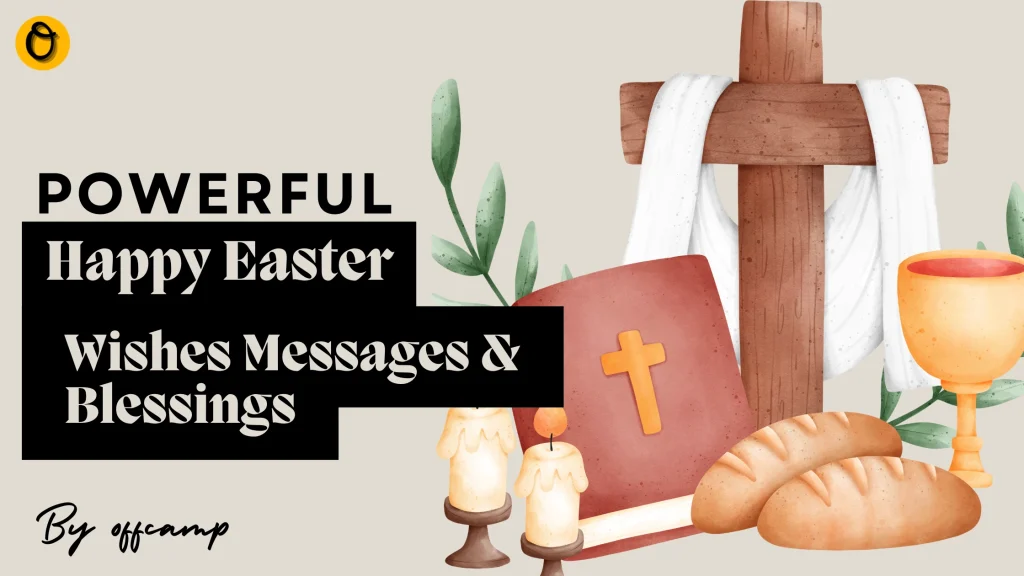 Happy Easter wishes card with spring flowers and religious symbols