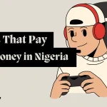 Woman celebrating withdrawal from games that pay real money in Nigeria with payment proof displayed on mobile screen