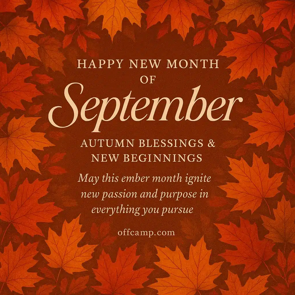 Happy new month of September 2026 wishes card with autumn leaves background featuring inspirational prayer message for new beginnings and blessings
