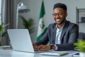 Nigerian freelancer calculating hourly rates using laptop with rate calculator showing naira currency amounts