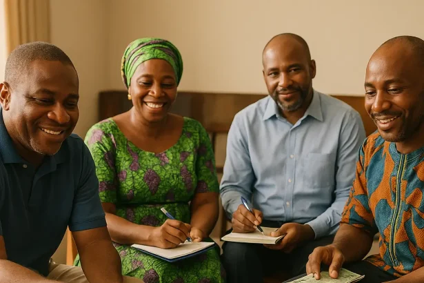 Nigerian community members in cooperative society meeting borrowing money without BVN or NIN verification