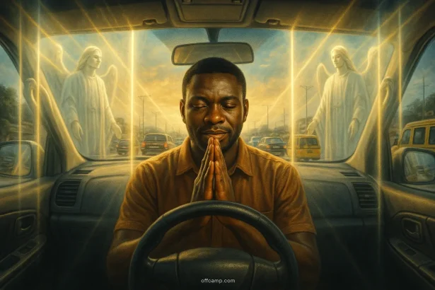 Nigerian danfo or taxi driver praying for safety and success with divine favor for commercial driving