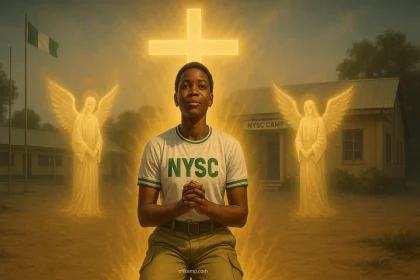 NYSC corps members at orientation camp praying together for safety and success during three-week training