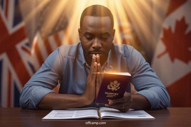 Nigerian person praying with passport and visa documents surrounded by divine light representing prayer for visa approval success