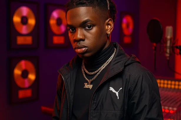 Rema net worth visualization showing Nigerian artist in luxury recording studio with platinum plaques representing $12 million wealth