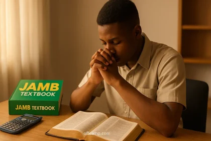 Prayer for JAMB success with student studying for exam and praying with Bible