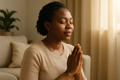 Woman praying with hand on abdomen seeking divine healing for fibroid condition