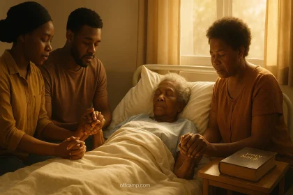 Family praying together for sick loved one in hospital bed with warm hopeful light