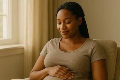 Pregnant woman sitting peacefully with Bible on lap representing faith for safe delivery and healthy pregnancy